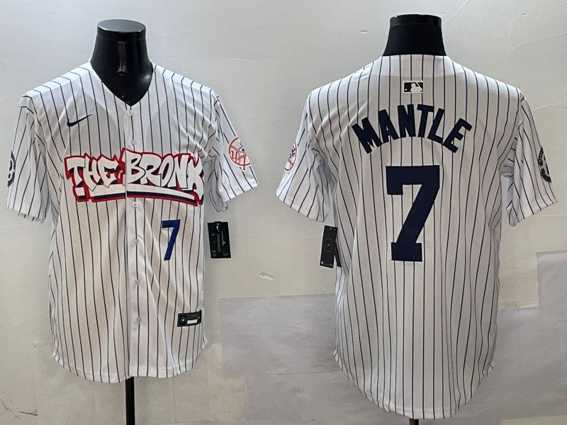 Men New York Yankees 7 Mantle White Stripe four generations Joint Name 2025 Nike MLB Jersey style 4